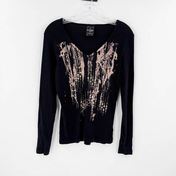 Sledge USA Black Y2K Embellished Long Sleeve 90s Tee Women's Size Medium - Picture 1 of 9